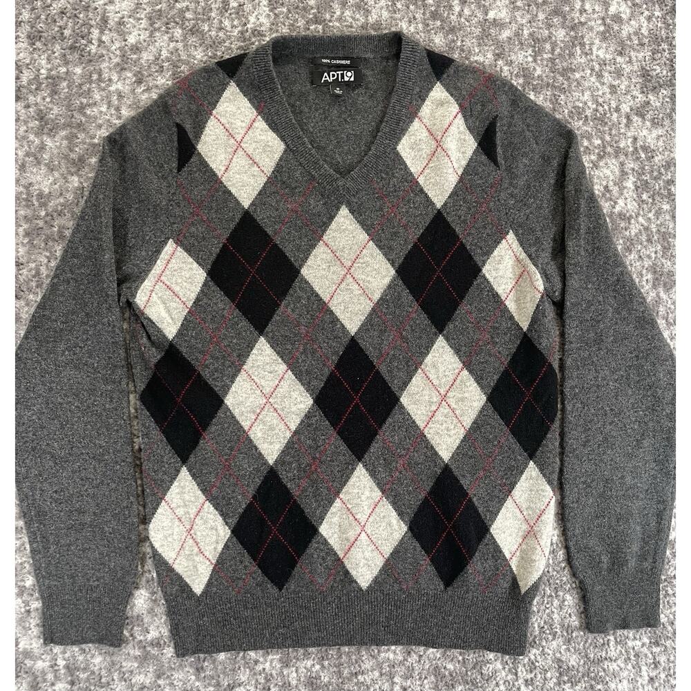 Apt 9 100% Cashmere Black Gray Argyle V Neck Cardigan Size M